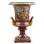 Vienna, large Austrian porcelain campana urn vase with twin handles hand painted with panels of