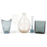 Art glassware including a Finnish Lasilla Oy three section vase and blue vase etched with flowers,