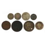 George II and later British coinage including 1758 shilling, George III 1806 farthing, Victoria