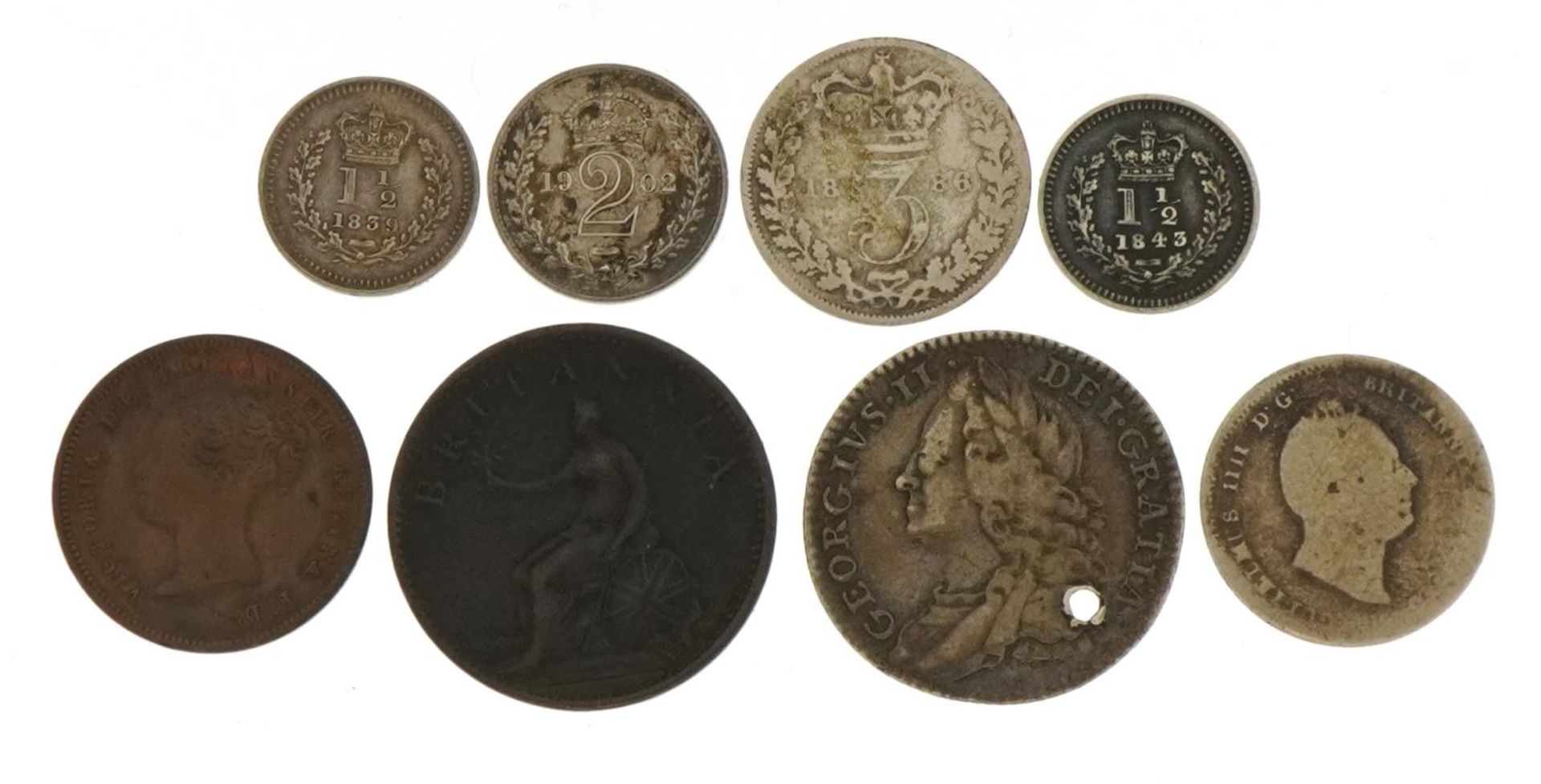 George II and later British coinage including 1758 shilling, George III 1806 farthing, Victoria