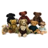 Ten vintage and later teddy bears including Hugs and Bruin, the largest 42cm high
