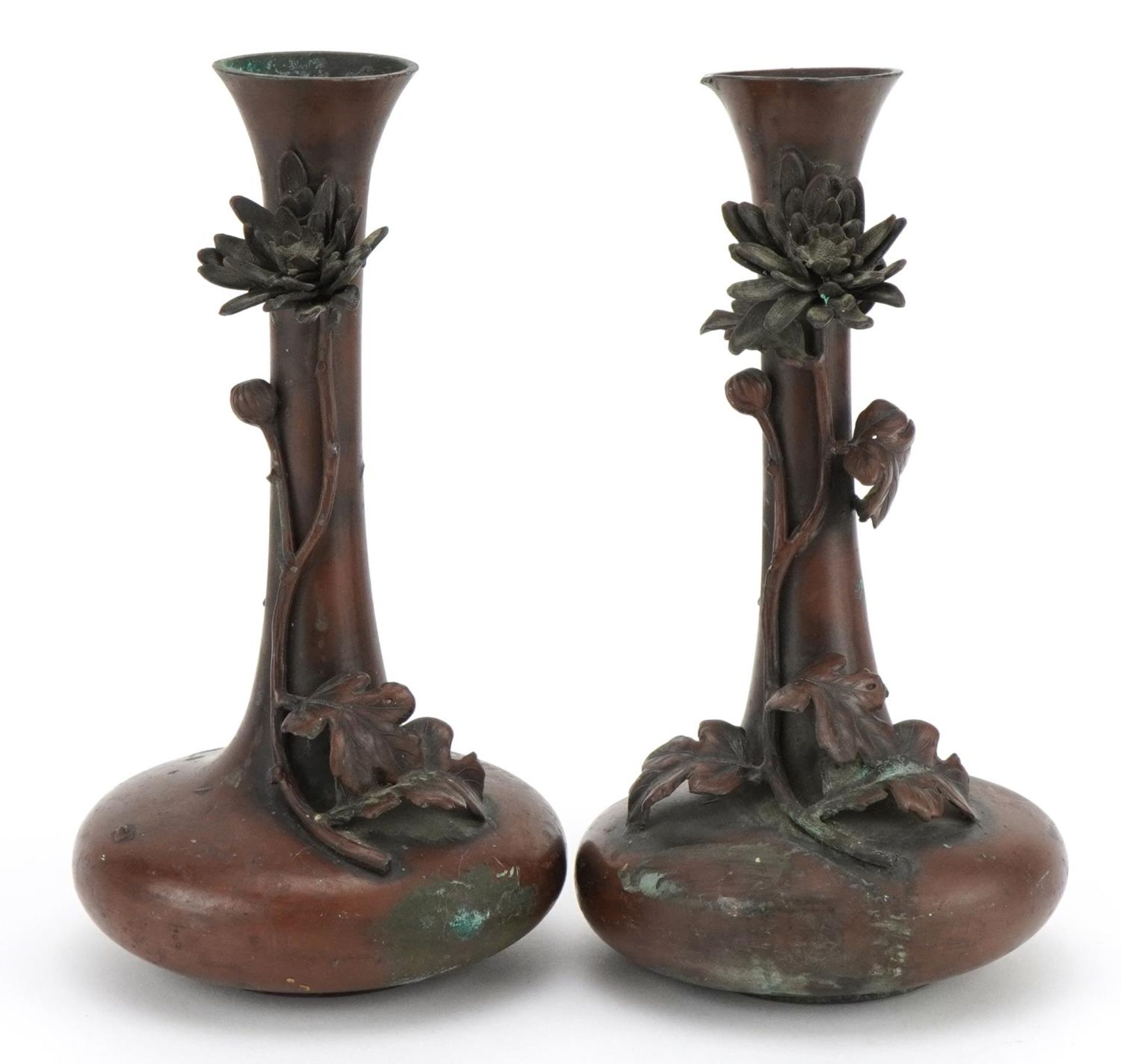 Pair of Japanese bronzed vases decorated in relief with flowers, character marks to the base, each