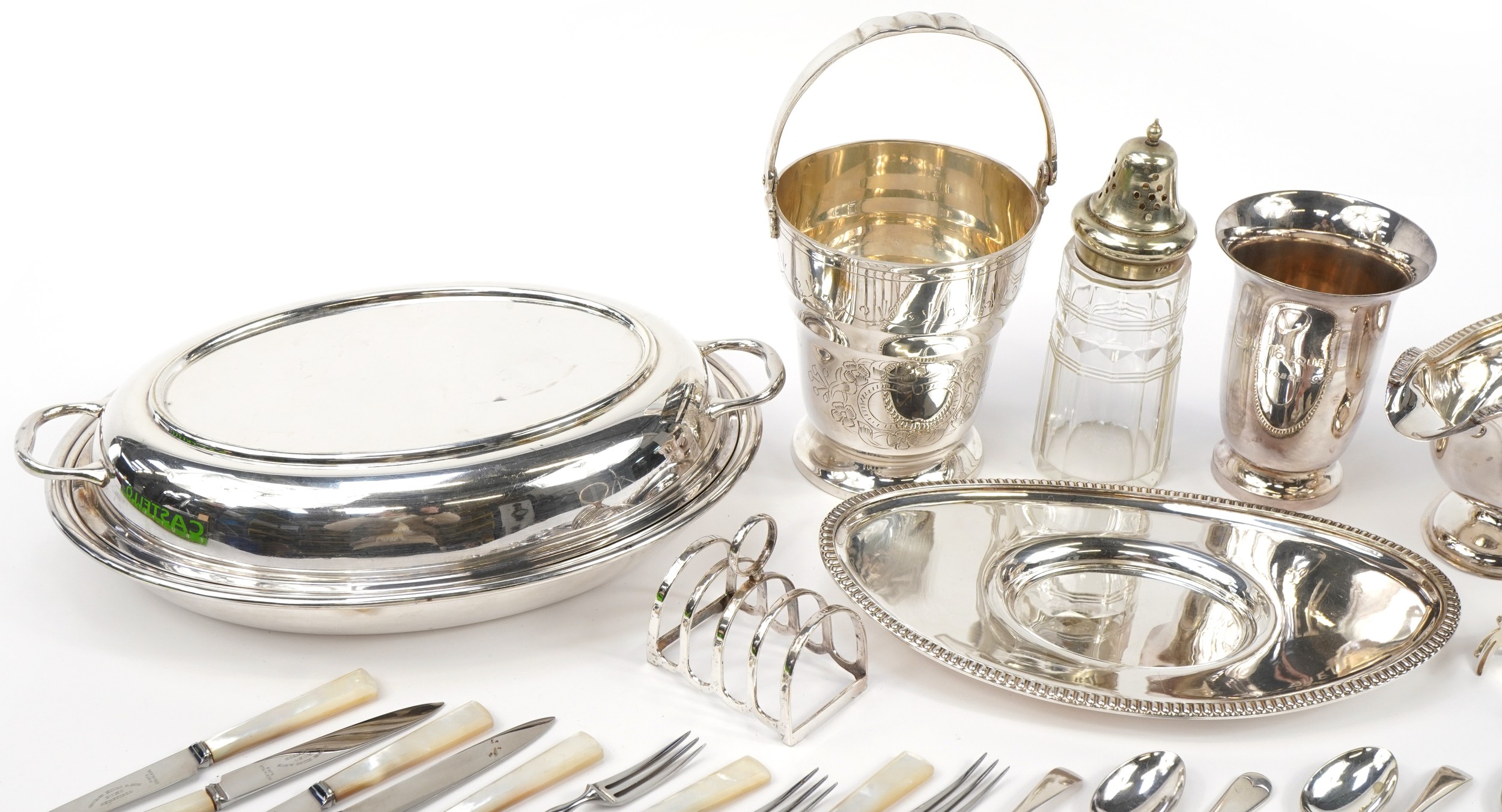 Silverplate including an oval entree dish with cover, ice bucket with swing handle, sauceboat and - Image 2 of 7