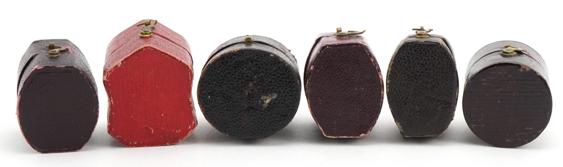 Six Georgian and later leather, velvet and silk lined ring boxes including Edwin Clark and - Image 4 of 4