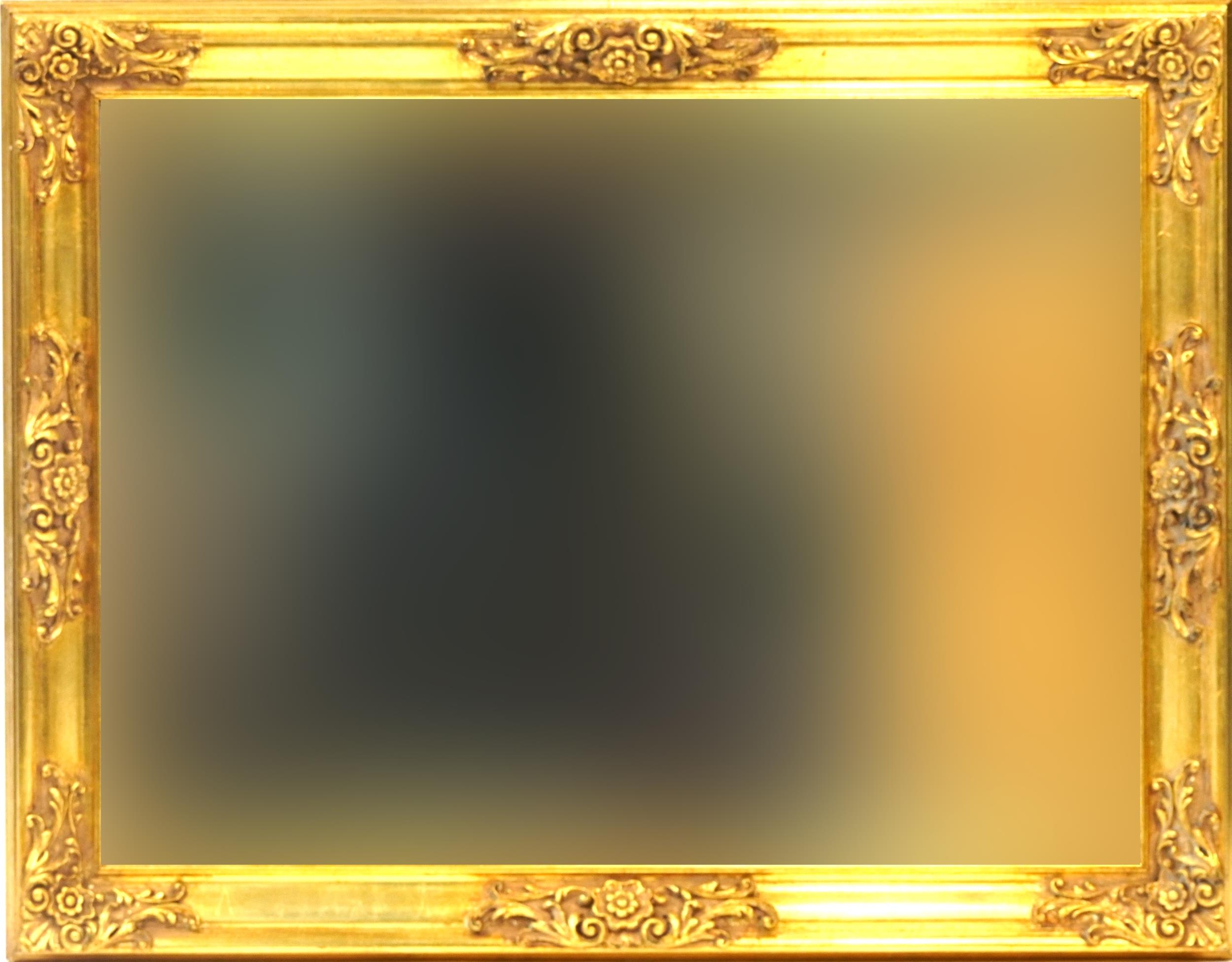 Rectangular ornate gilt framed wall hanging mirror with bevelled glass, 90cm x 70cm