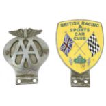 Two motoring interest car badges including British Racing & Sports Car Club numbered 2320, 11.5cm