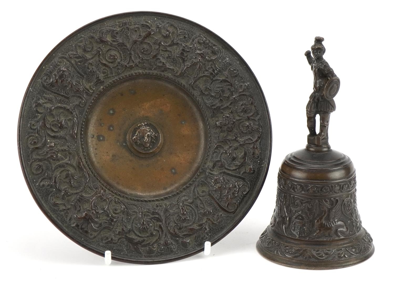 19th century Grand Tour patinated bronze bell on stand with figural handle cast with mythical - Image 2 of 4