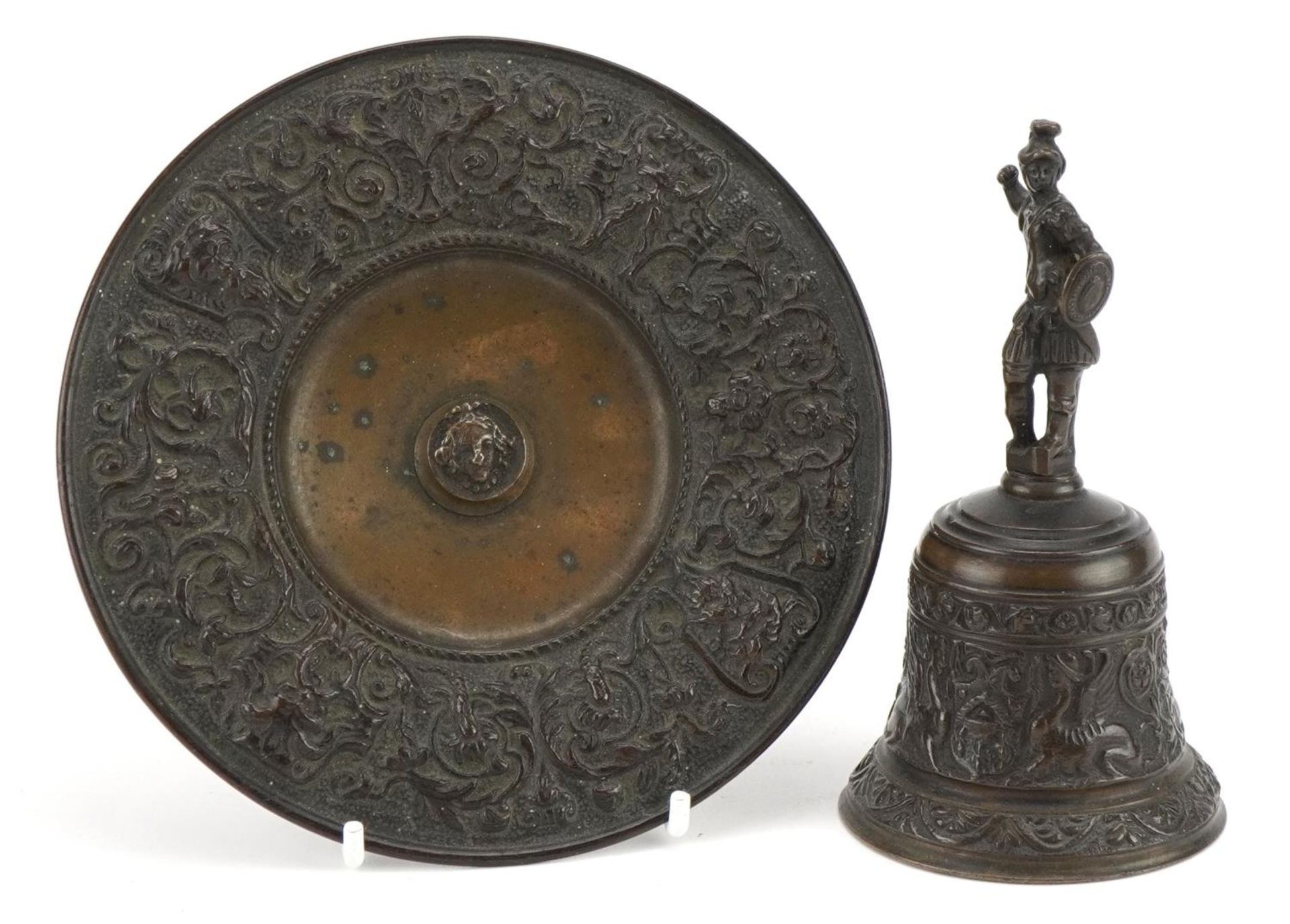 19th century Grand Tour patinated bronze bell on stand with figural handle cast with mythical - Bild 2 aus 4