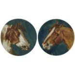 Study of two horses comprising chestnut hunter and skewbald, pair of French circular watercolours,