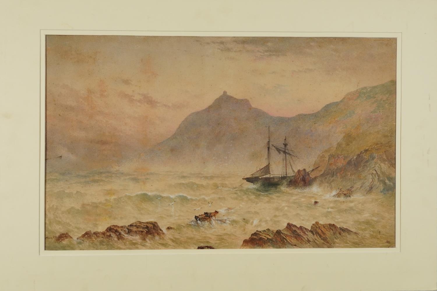 Harry J Williams 1874 - Rocky coastal scene with shipwreck, 19th century English heightened - Image 2 of 5