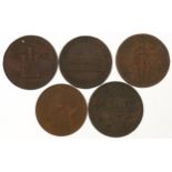 Four early 19th century penny tokens and an Edward Prince of Wales Cape Town medal