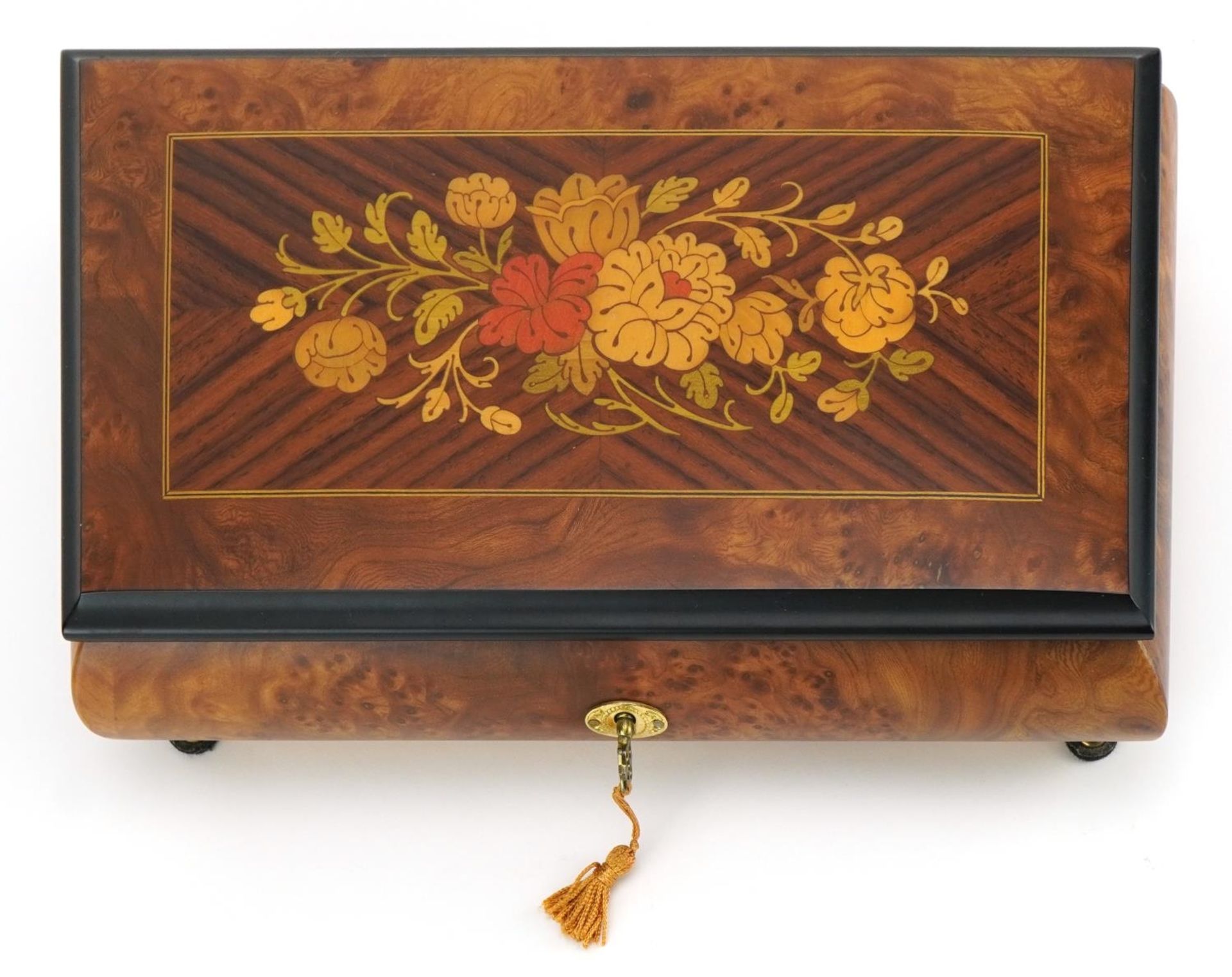 Romance, inlaid Swiss music box by Rouge playing Memory A L Webber, 7.5cm H x 27cm W x 16cm D - Image 2 of 5