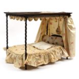 Antique mahogany barley twist four poster apprentice doll's bed, 59cm H x 70cm W x 44cm D