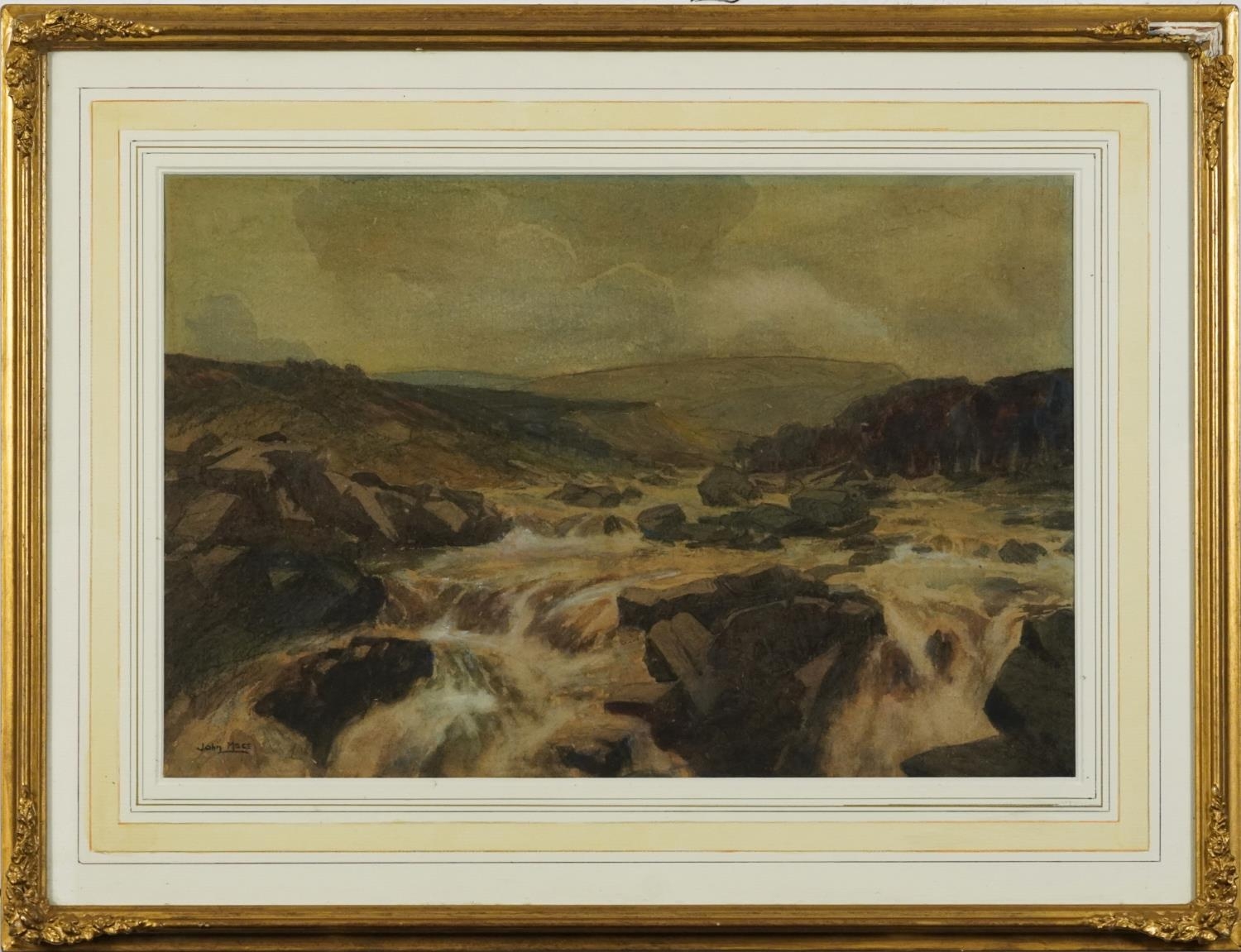 John Edmund Mace - Highland river in Spate, watercolour, inscribed verso, mounted, framed and - Image 2 of 6