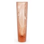 Continental frosted peach glass vase etched with an abstract design, possibly Scandinavian, 36cm