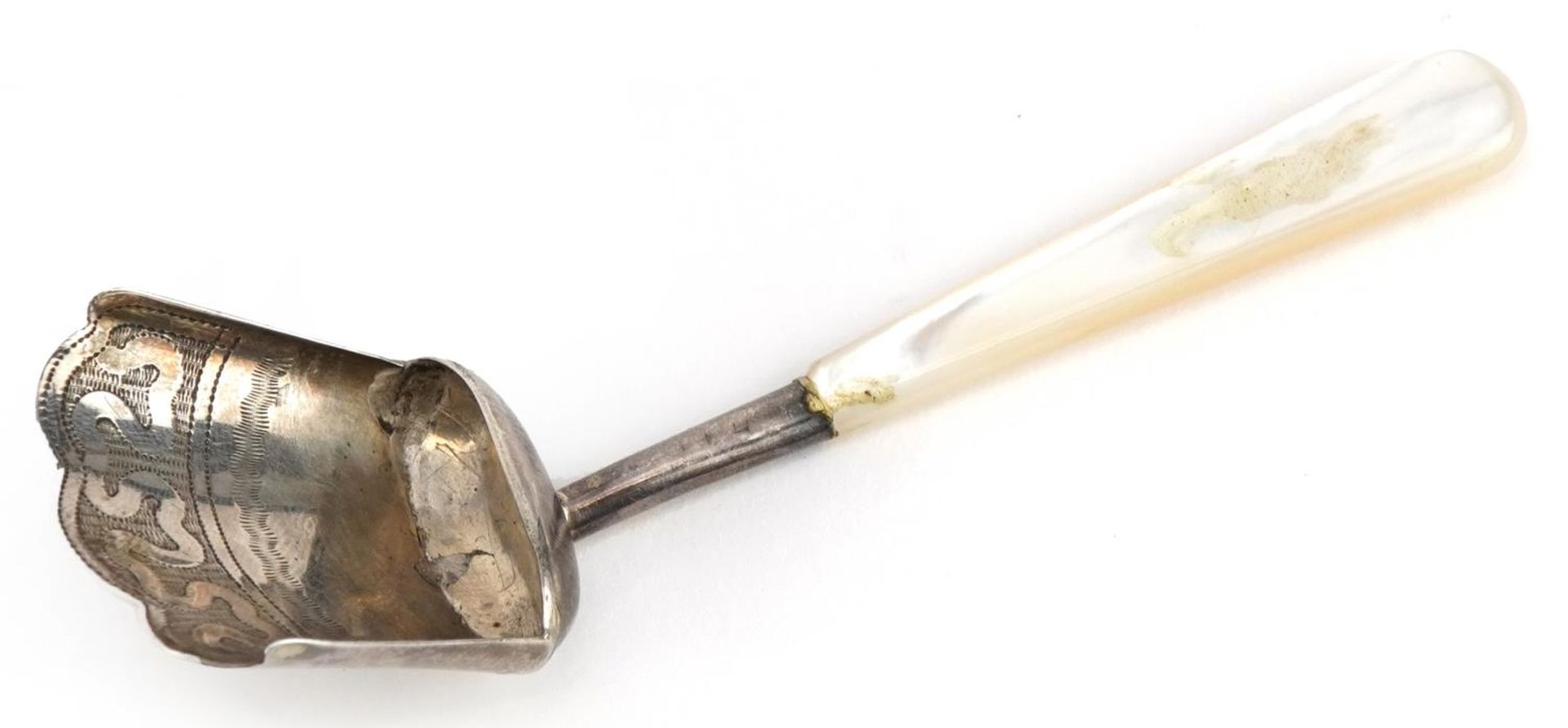 George III silver tea caddy spoon with mother of pearl handle, indistinct maker's mark, Birmingham