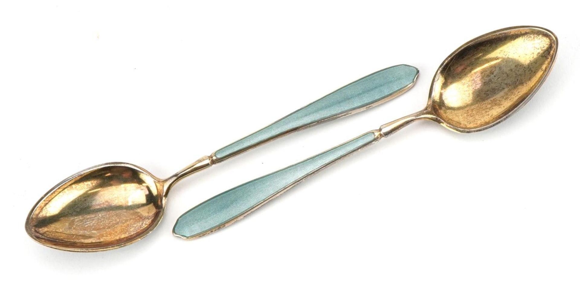 Gustav Gaudernack, set of six Norwegian 925S silver gilt and enamel teaspoons, each 9.5cm high, - Image 2 of 5