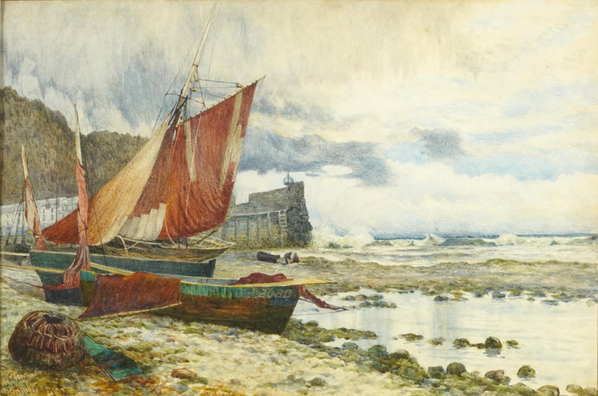 J F Anderson '91 - Coastal landscape with moored fishing boats before a lighthouse, late 19th