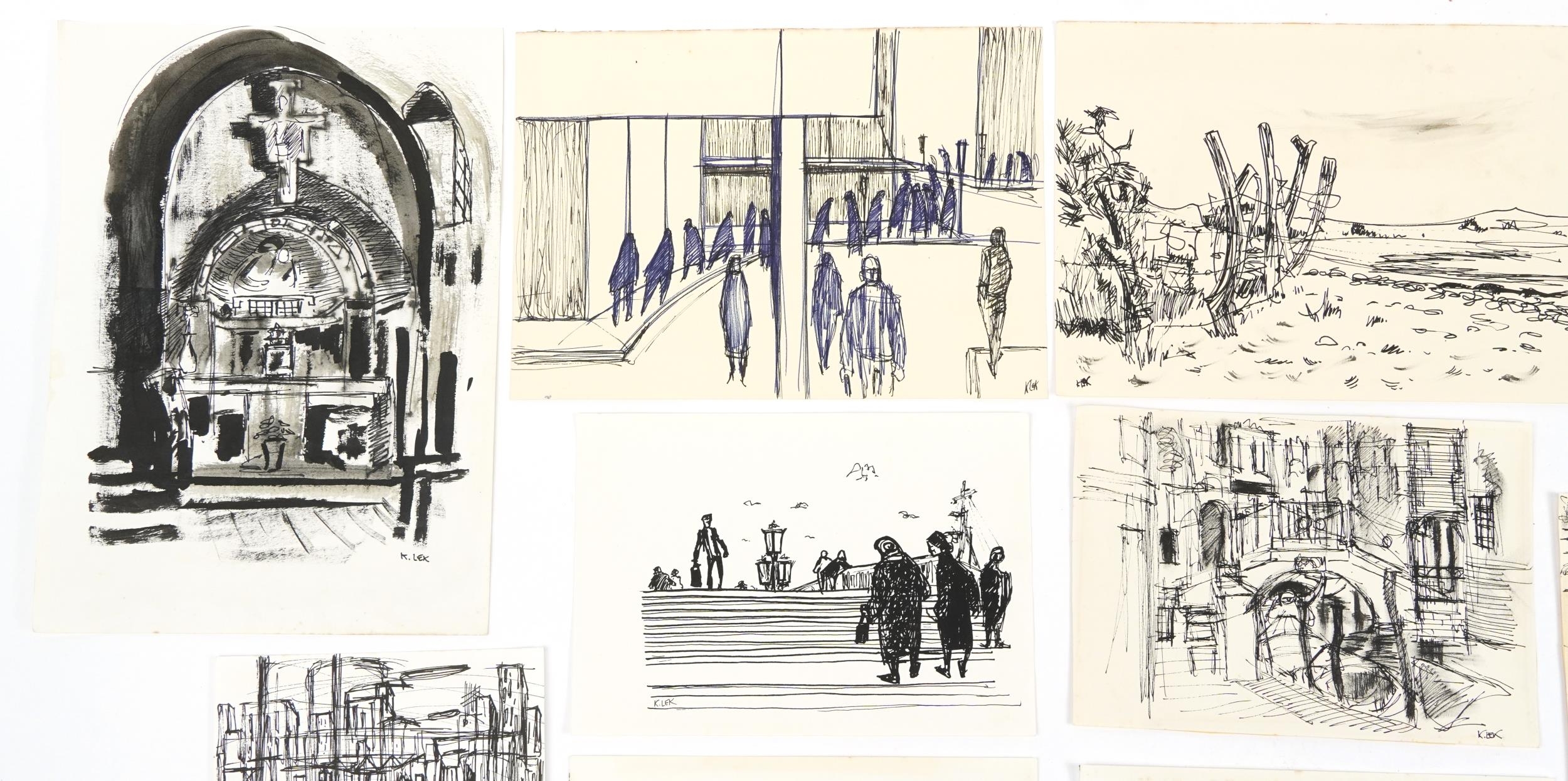 Karel Lek - Street scenes, figures and townscapes, ten Welsh ink and wash on paper, unframed, the - Image 2 of 6