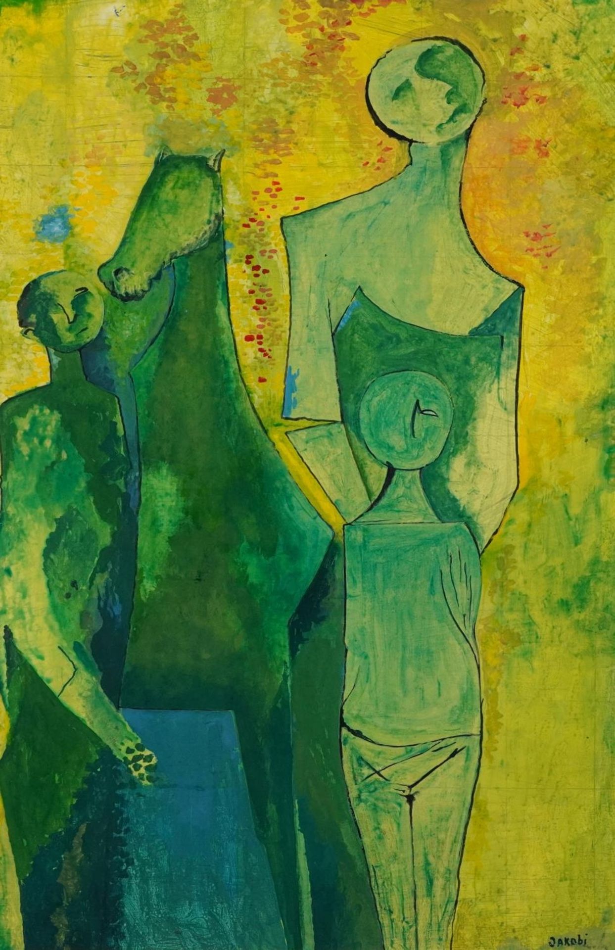 Jakobi - Figures and horse, Surrealist oil on board, mounted and framed, 82cm x 54.5cm excluding the