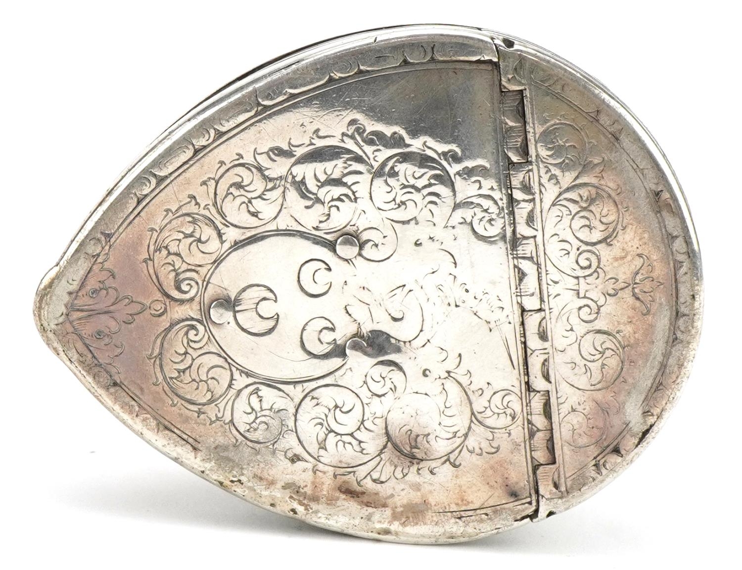 Antique continental silver mounted cowrie shell snuff box, impressed I. C maker's mark to the - Image 3 of 4