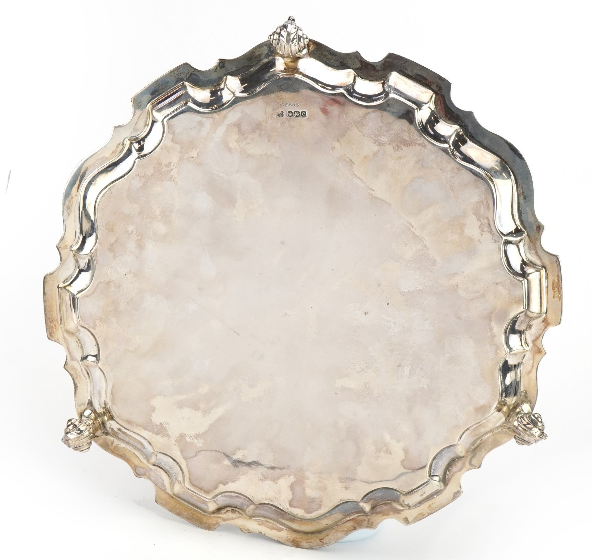 Martin Hall & Co Ltd, George V circular silver salver raised on three scrolled feet, Sheffield 1922, - Image 3 of 4