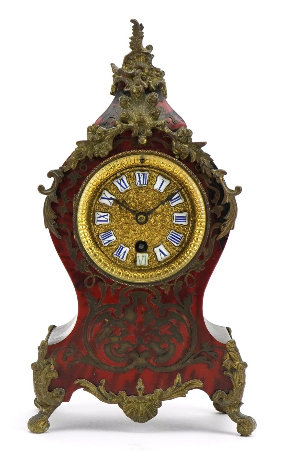 19th century French ebony and boulle work cartouche shape mantle clock with ornate brass mounts, the - Bild 2 aus 4