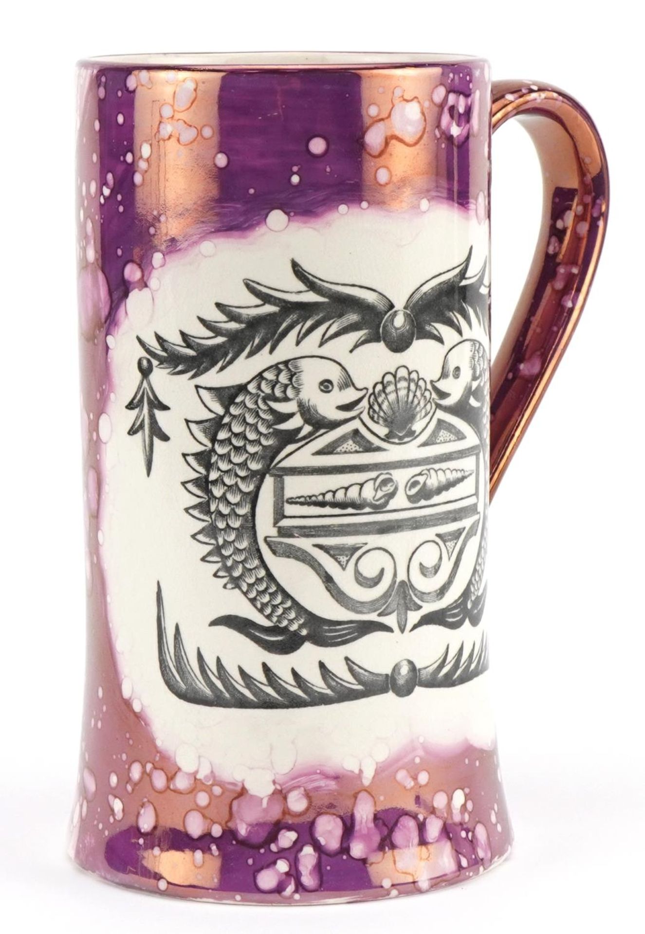 Gray's Pottery Sunderland lustre design tankard decorated with two dolphins, numbered 7442, 17cm