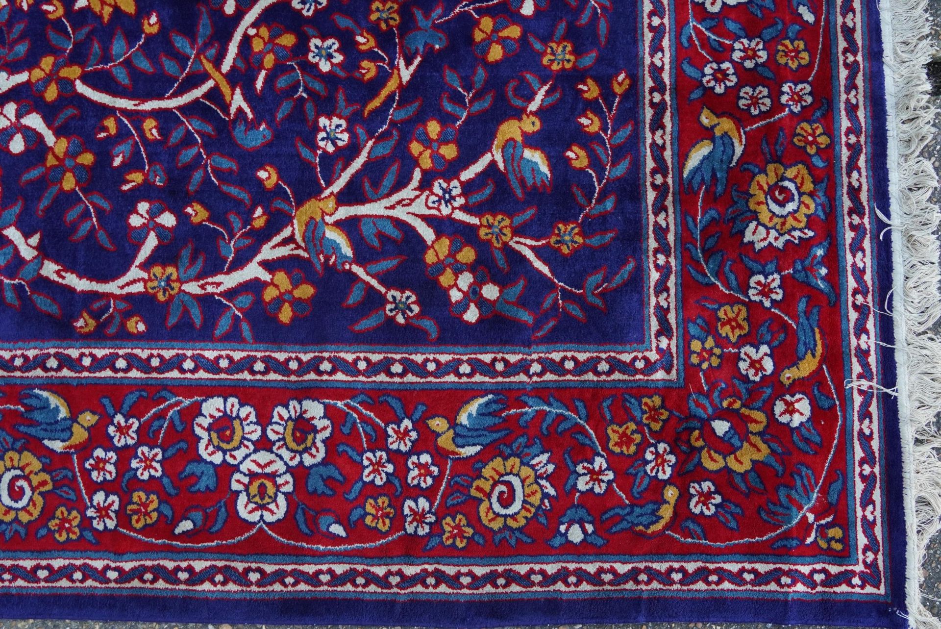 Rectangular Sarook Kashan silk rug decorated with birds amongst flowers onto a predominantly red and - Image 6 of 8