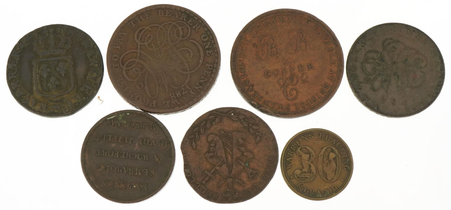 Seven 18th century and later coins and tokens including Anglesey Mines halfpenny - Image 2 of 2