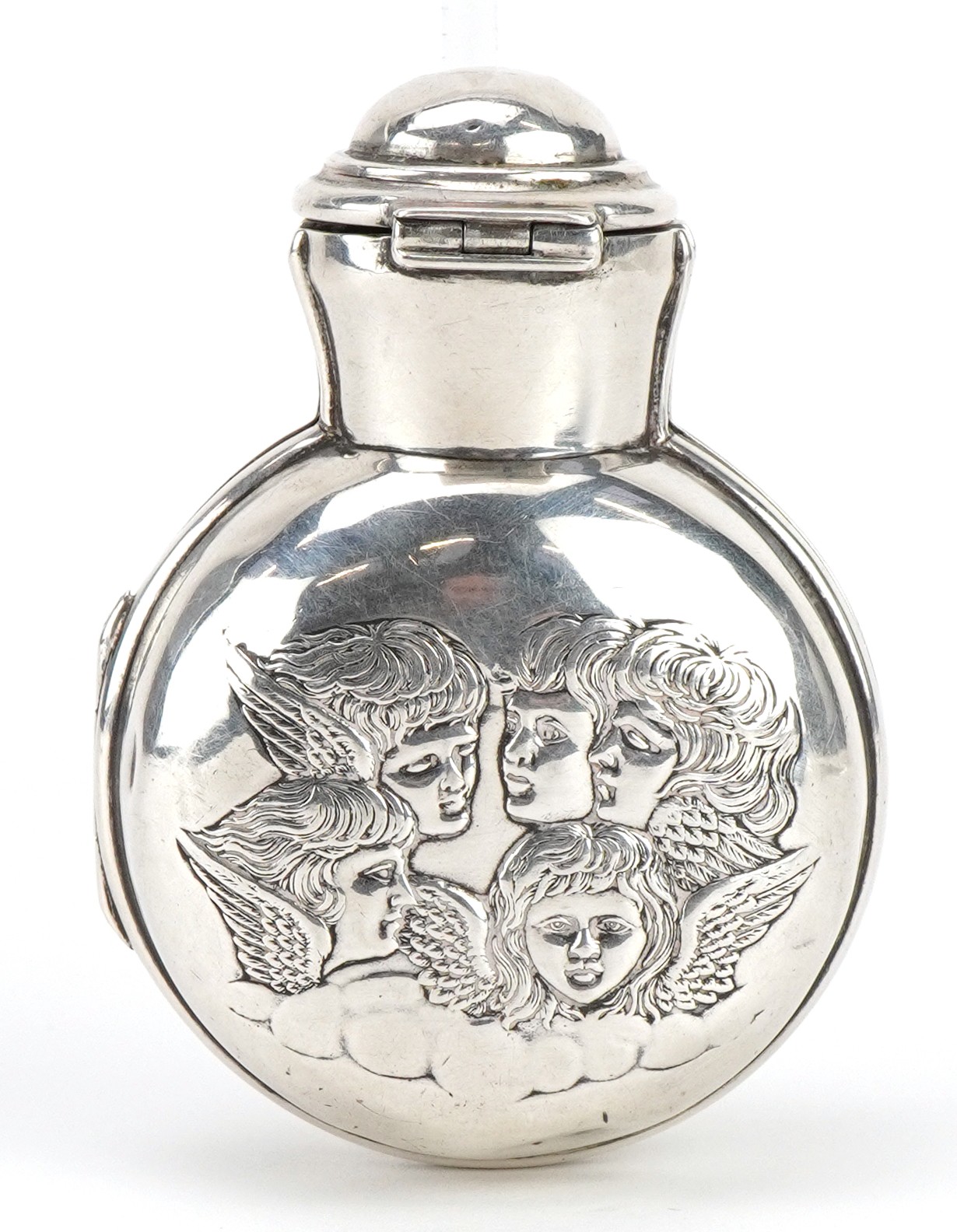 Deakin & Francis Ltd, Victorian silver scent bottle case embossed with cherubs, housing a brown - Image 2 of 5