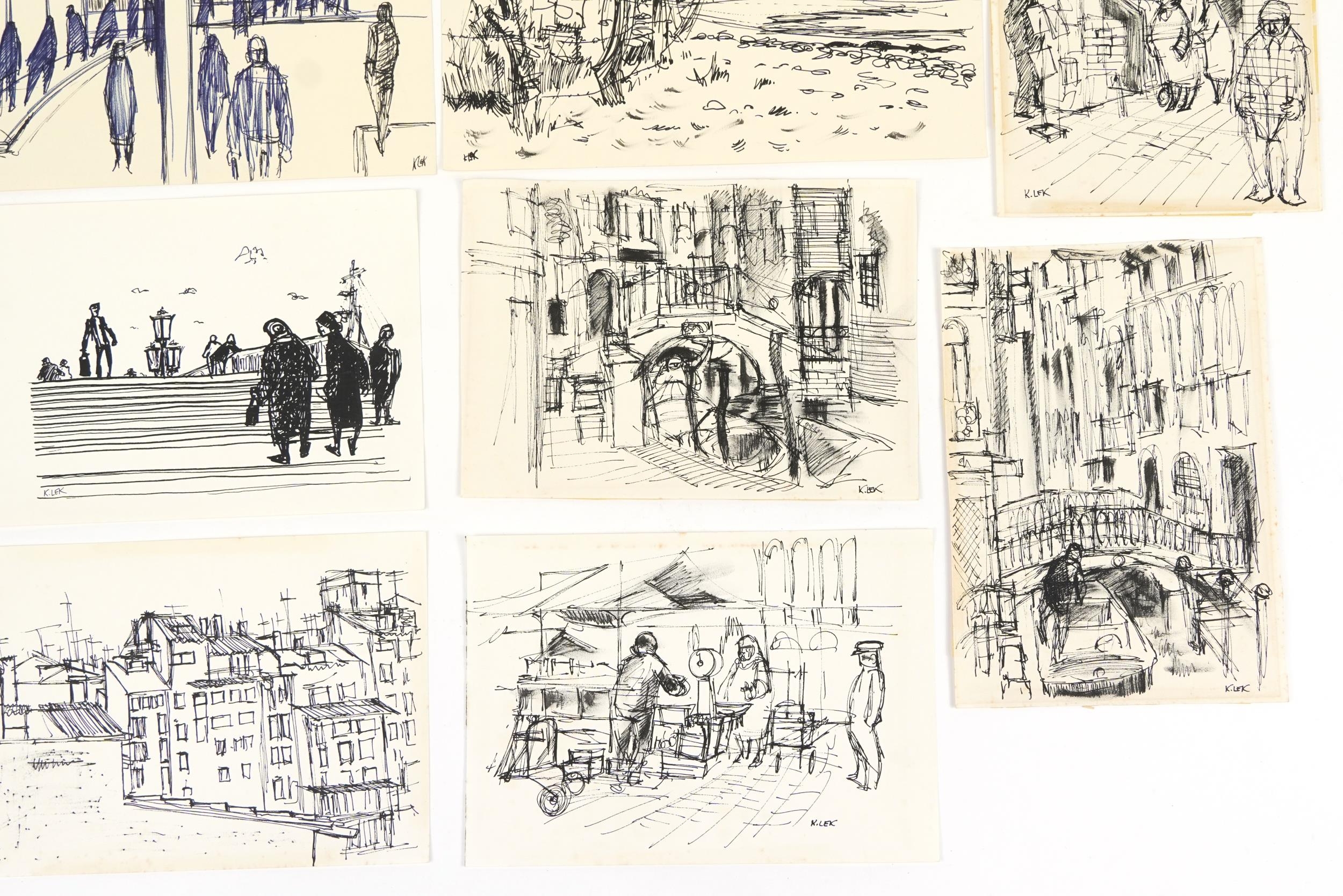 Karel Lek - Street scenes, figures and townscapes, ten Welsh ink and wash on paper, unframed, the - Image 5 of 6