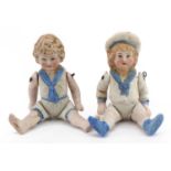 Two 19th century bisque dolls with articulated limbs, each approximately 9cm high