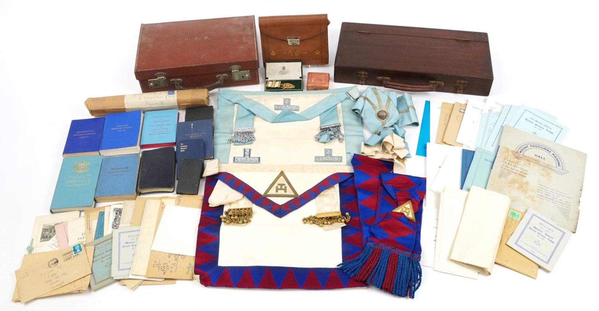 Masonic regalia relating to Bro H Smith, housed in a tan leather case, retailed by Webb & Sons