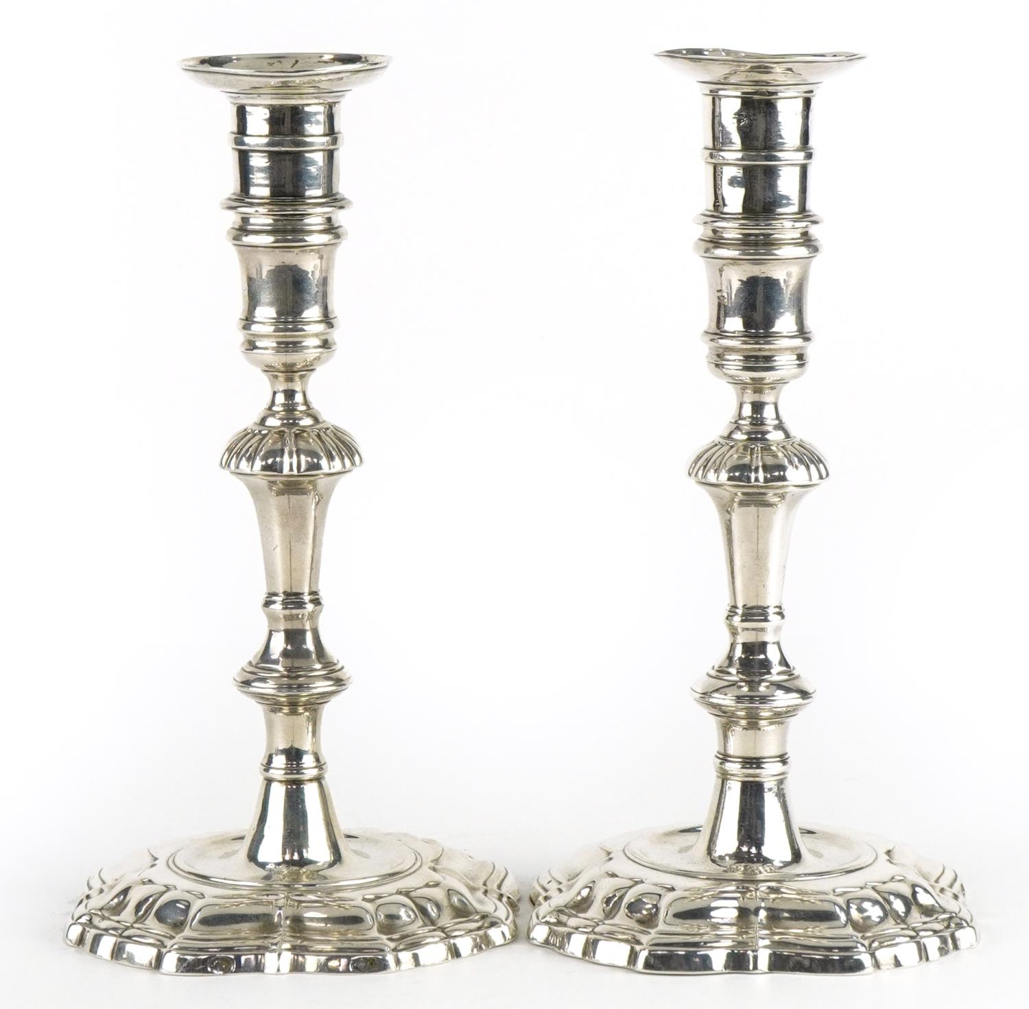 Thomas Walker, pair of 18th century Irish cast silver candlesticks, incomplete hallmarks, 21cm high,