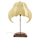 Chinese hardwood lamp base with silk lined bat design shade, 65.5cm high