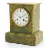 Raingo, French green onyx mantle clock striking on a bell, the enamelled dial having Roman numerals,