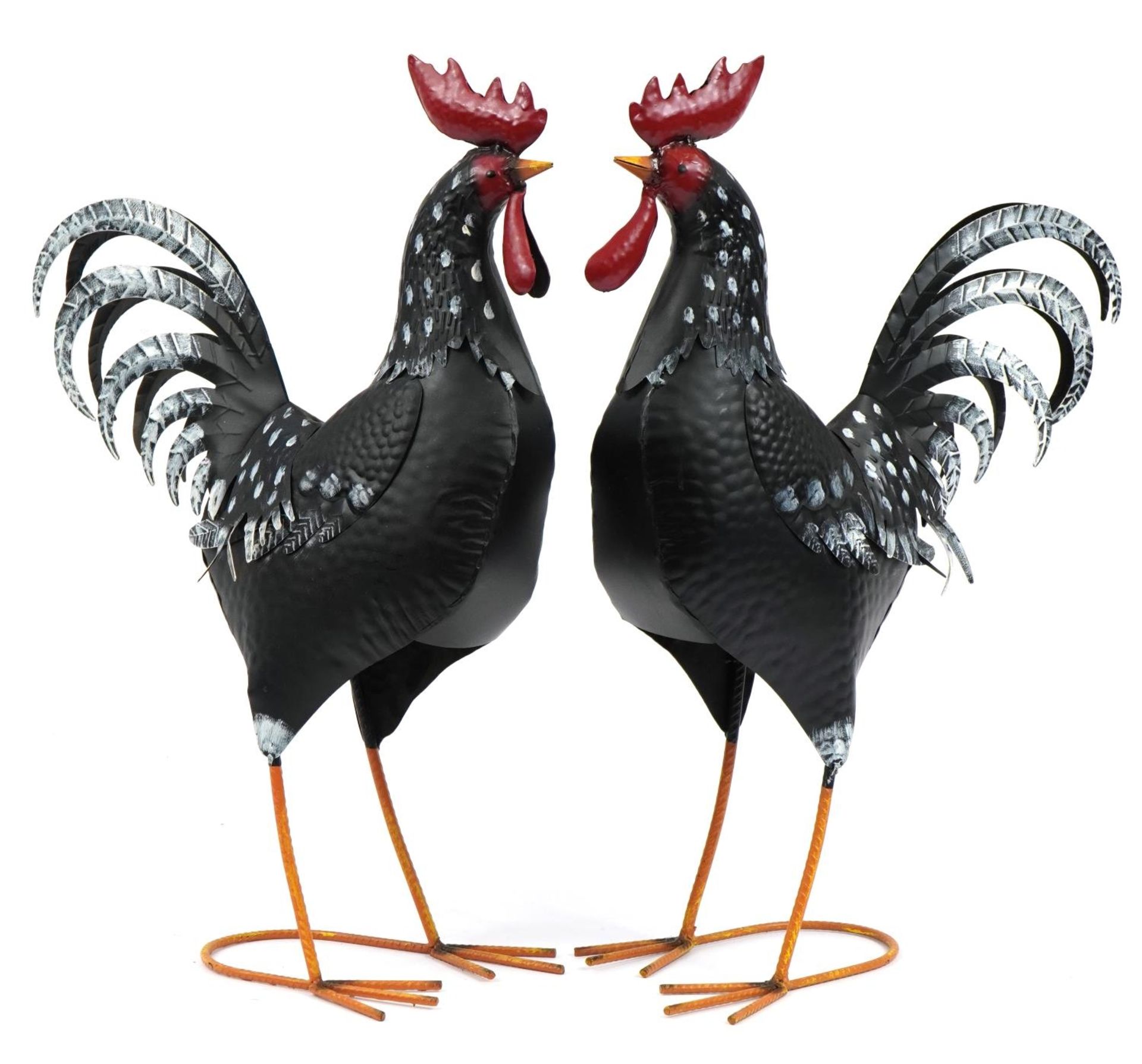 Pair of painted metal cockerels, 59cm high