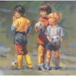 Lucelle Raad - Three children playing football, pencil signed print in colour, limited edition 430/