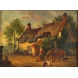 Figures and dogs before a thatched cottage, 19th century oil on canvas, indistinctly monogrammed,