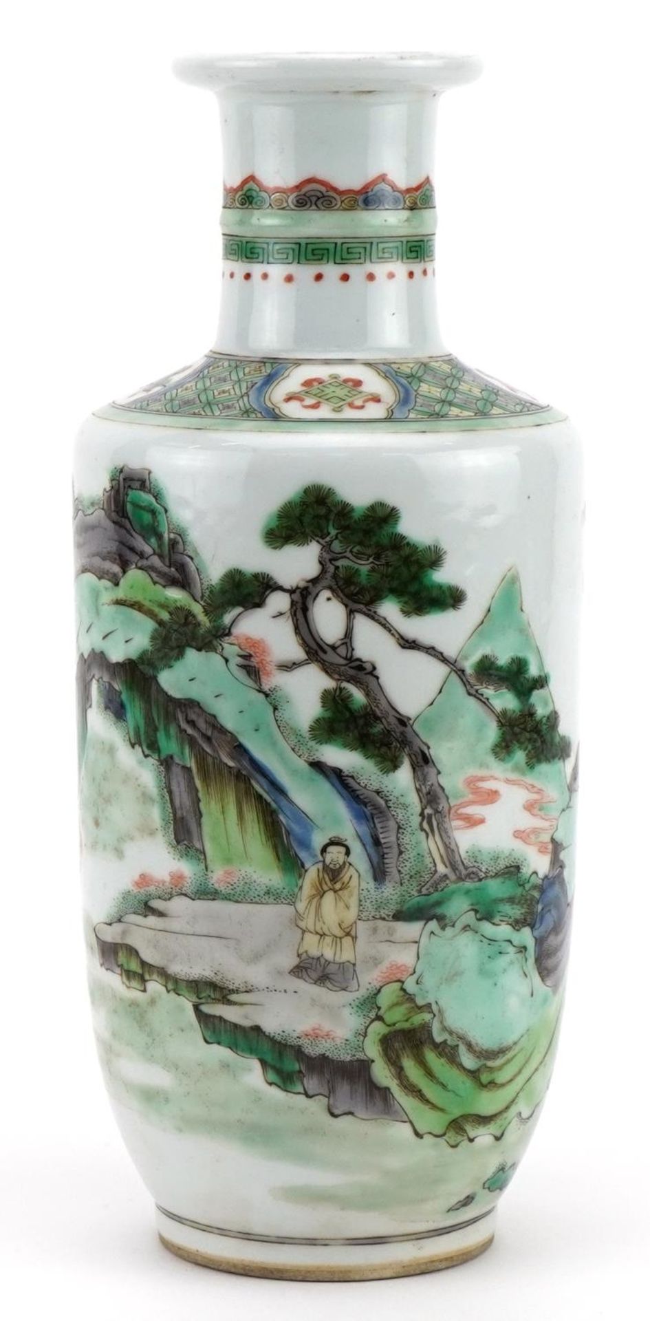 Chinese porcelain Rouleau vase hand painted in the famille rose palette with a figure in a