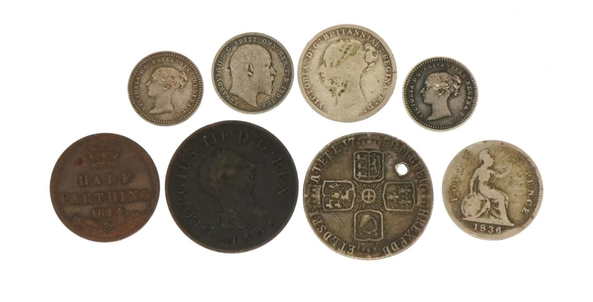 George II and later British coinage including 1758 shilling, George III 1806 farthing, Victoria - Image 2 of 2