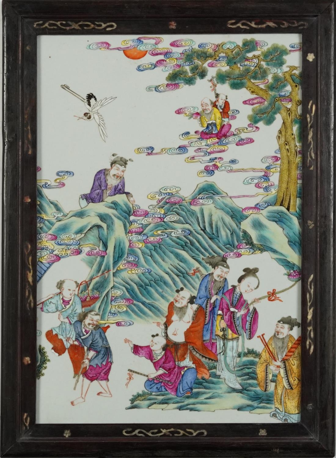 Chinese porcelain panel housed in a hardwood frame, finely hand painted in the famille rose - Image 2 of 3