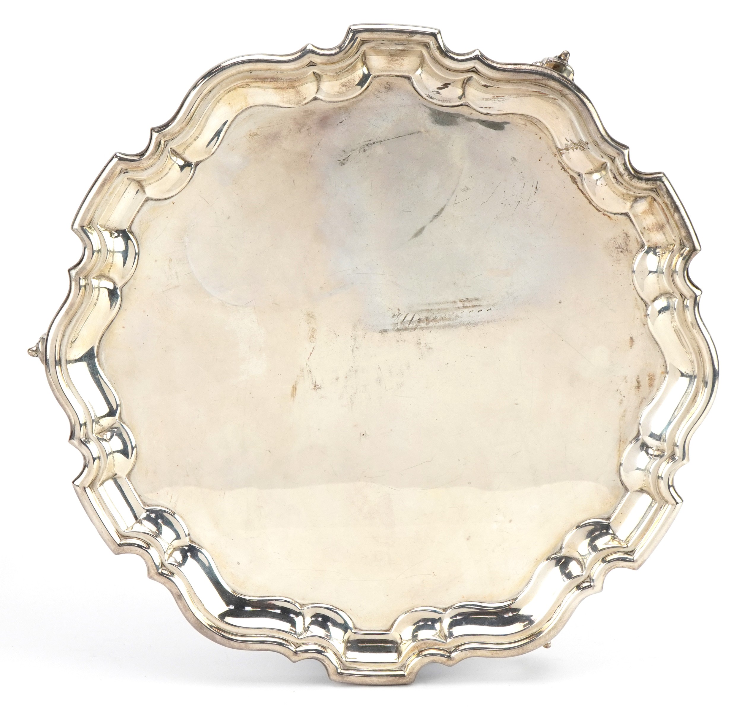 Martin Hall & Co Ltd, George V circular silver salver raised on three scrolled feet, Sheffield 1922, - Image 2 of 4