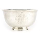 Thomas Walker, second quarter 18th century Irish silver footed bowl engraved with a heraldic