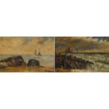 Coastal landscapes with boats, pair of early 20th century oil on canvasses, each indistinctly