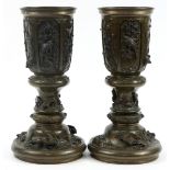 Large pair of Japanese patinated bronze three section planters on stand, finely cast in relief