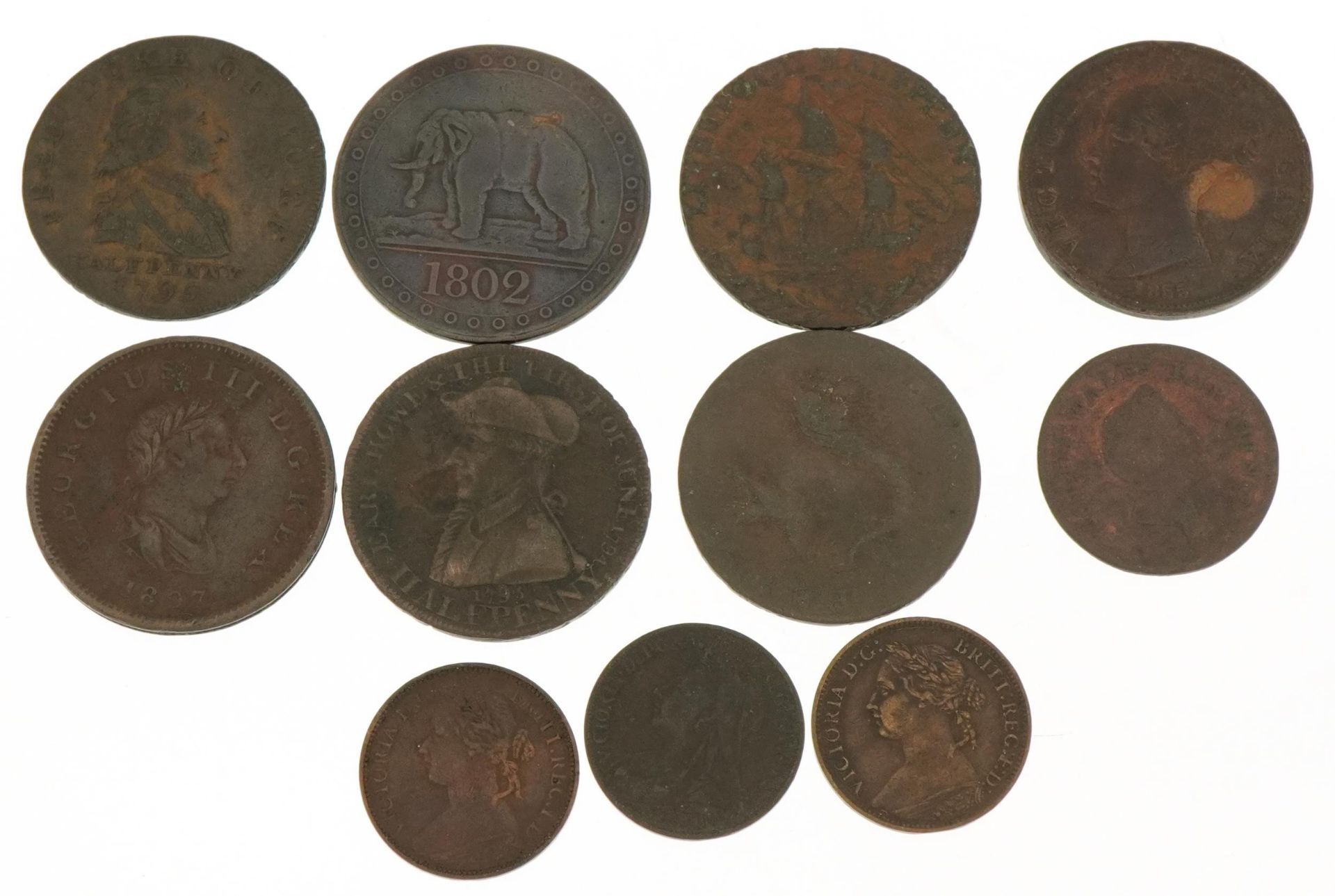 Antique coinage and tokens including Liverpool halfpenny and Earl Howe and The First of June 1984