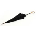 Edwardian silk parasol with gun metal handle and gold plated mounts, 98cm in length