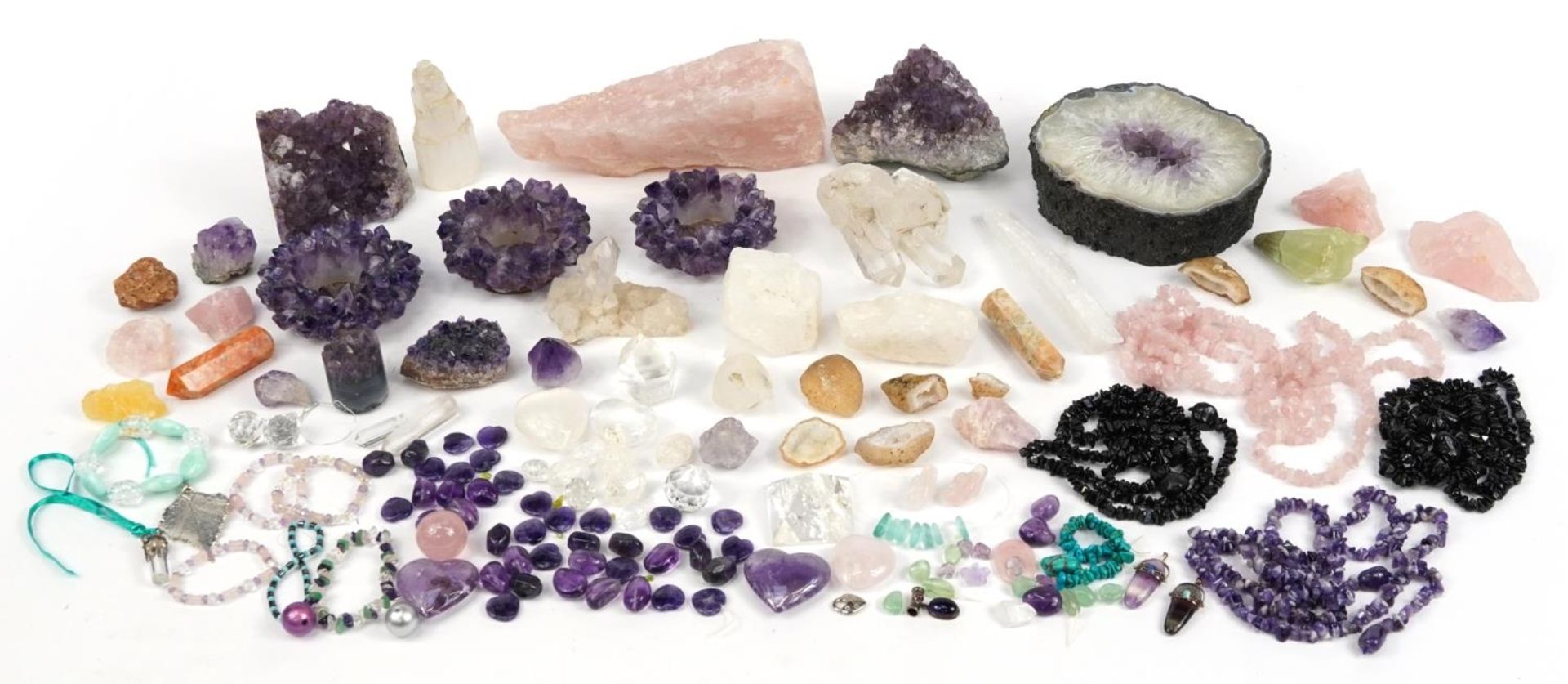 Collection of rock and mineral specimens including amethyst, rose quartz and rock crystal, the
